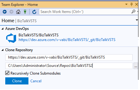 Clonación de las rutas de acceso del repositorio de Azure DevOps en el proyecto de BizTalk Server