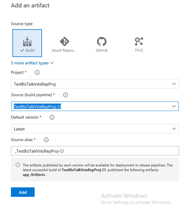 Agregue un artefacto a la canalización y elija el proyecto y la definición de compilación para Azure DevOps en el proyecto de BizTalk Server de Visual Studio.