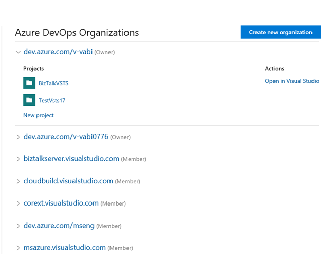 Inicie sesión en la cuenta de Azure DevOps y vea su cuenta en la lista.