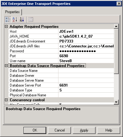 Propiedades de transporte de JDE EnterpriseOne en la consola de administración de BizTalk