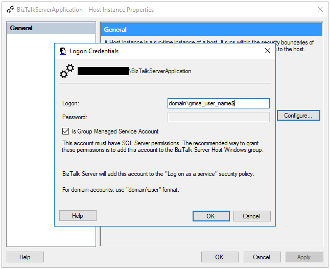 Configuración de la cuenta de servicio administrada de grupo en administración de BizTalk Server