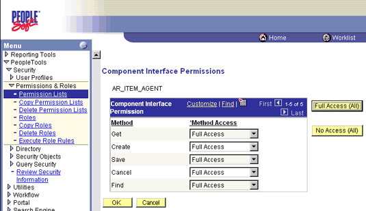 Imagen que muestra la pantalla Permisos de interfaz de componentes.