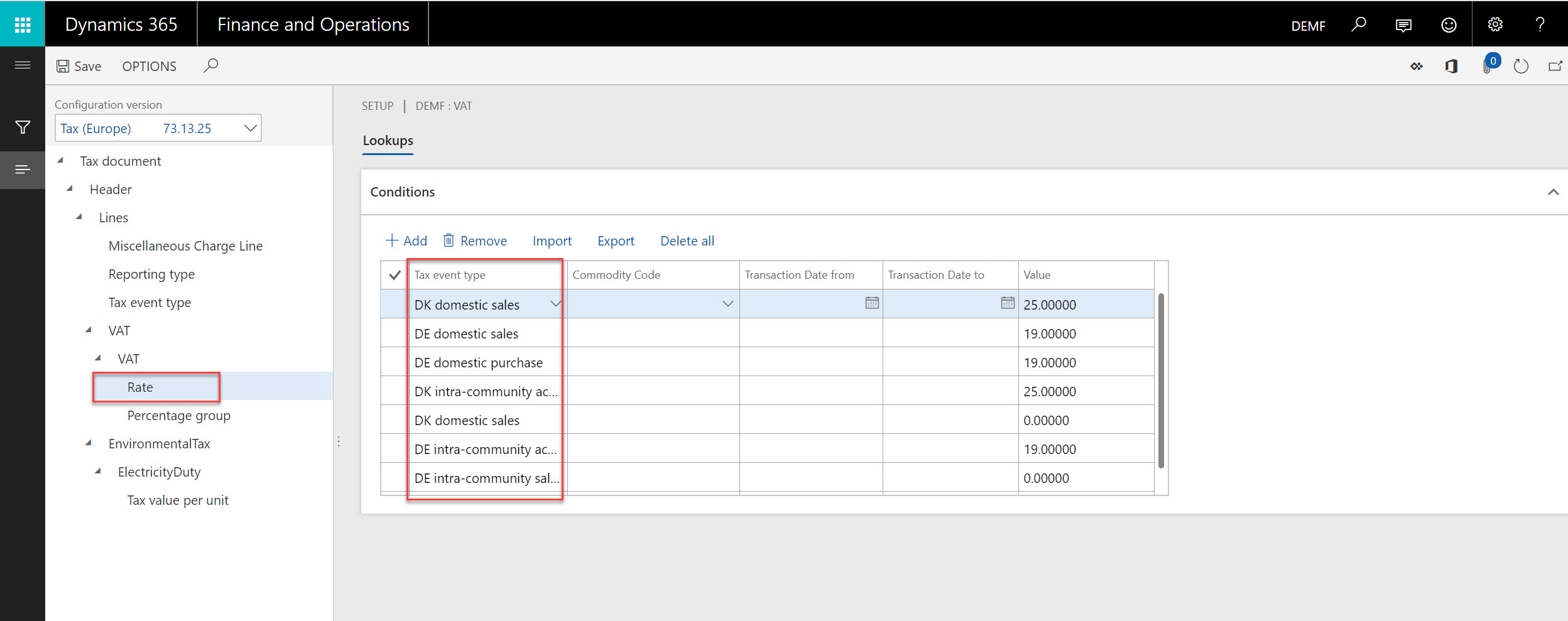 Tasa de tipo de evento de configuración de impuestos