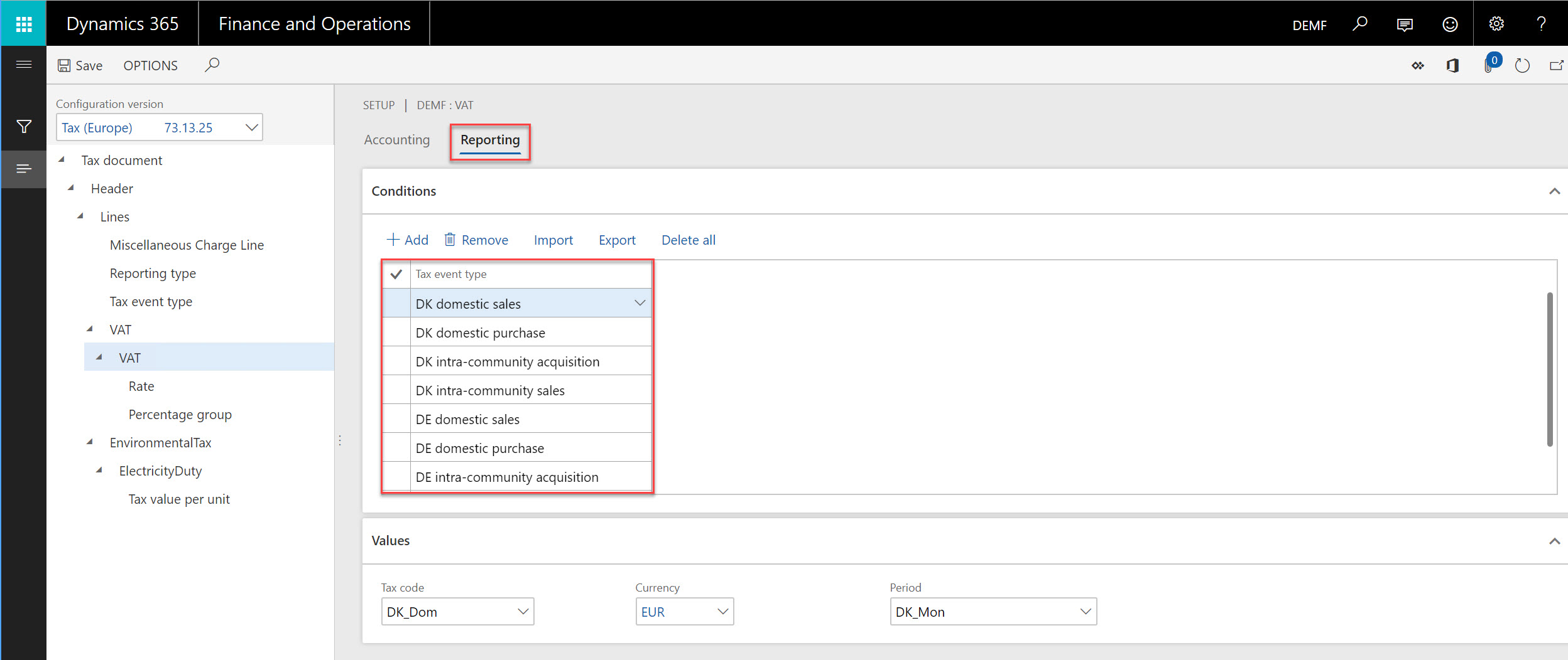 Informe de tipo de evento de configuración de impuestos