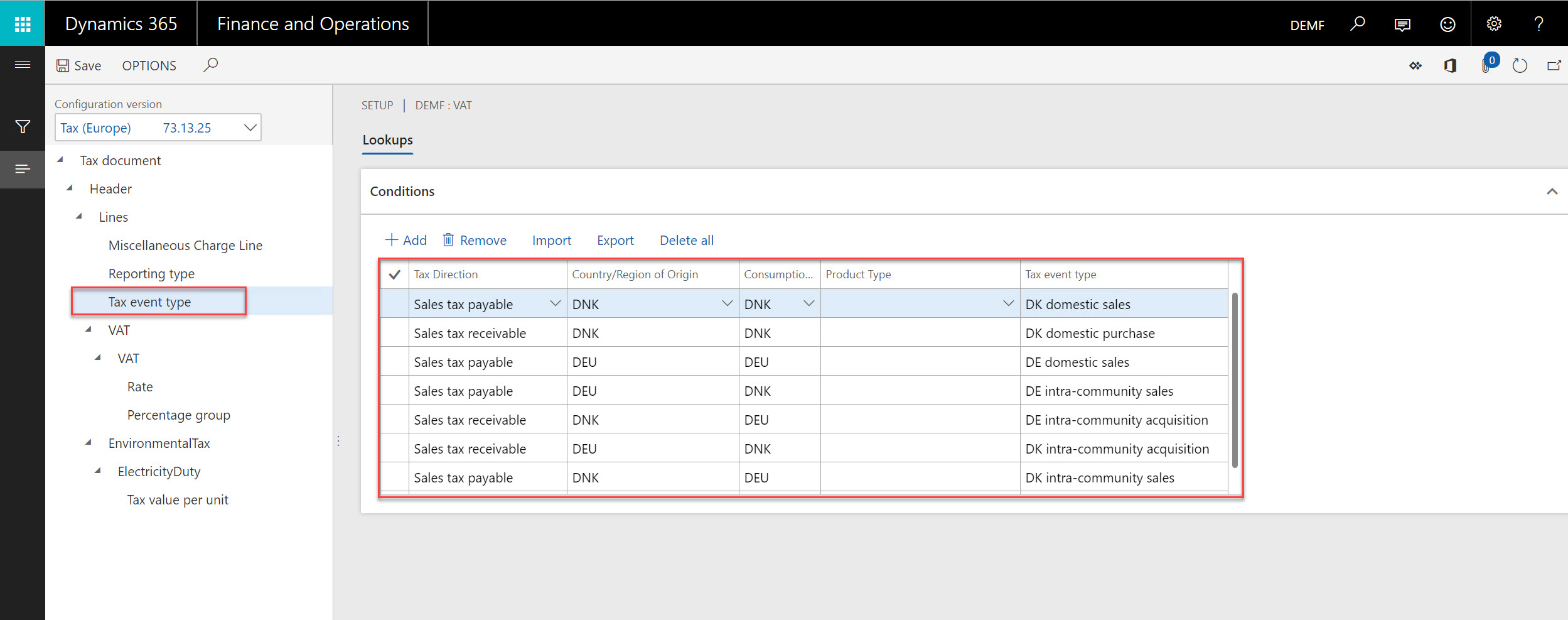 Tipo de evento de configuración de impuestos