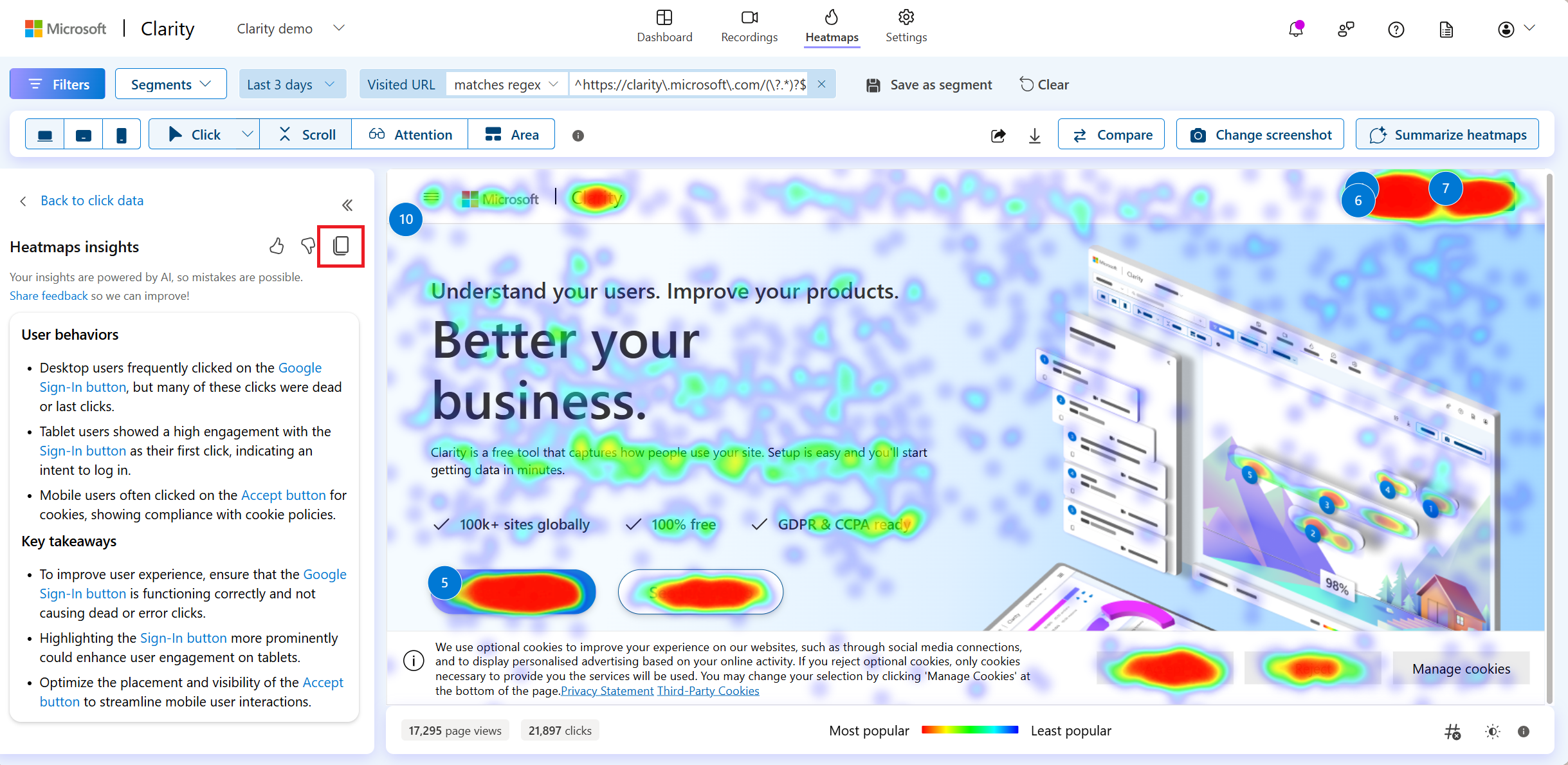 Select insights copy icon.