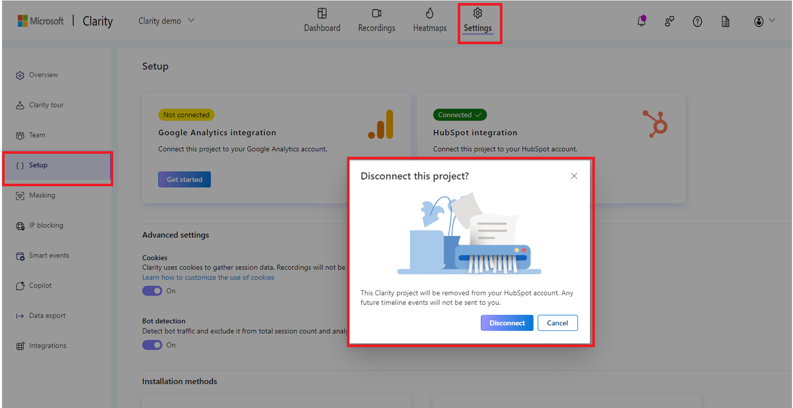 Disconnect Hubspot in Clarity.