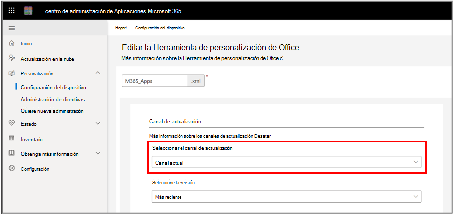 Configuración de la herramienta de personalización de Office para el canal de actualización.