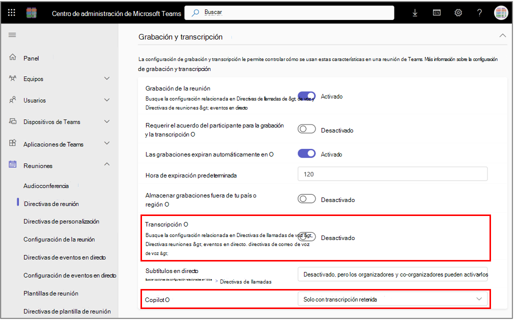 Directivas de reunión de Teams para Copilot.