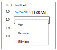 Menú desplegable de opciones para el documento elegido, ver, restaurar o eliminar el documento.