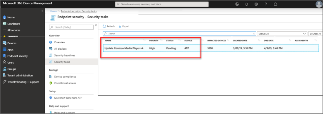 Tarea de seguridad creada en Intune para la solicitud de corrección