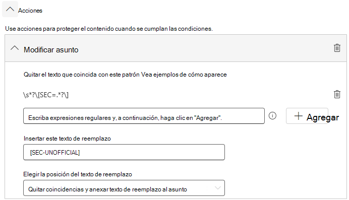 Ejemplo de acción Modificar regla de asunto.