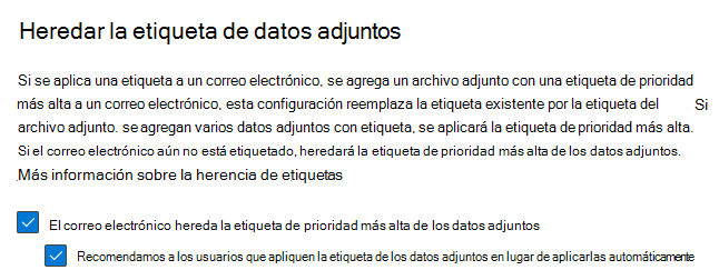 Herencia de etiquetas para las opciones de correo electrónico.