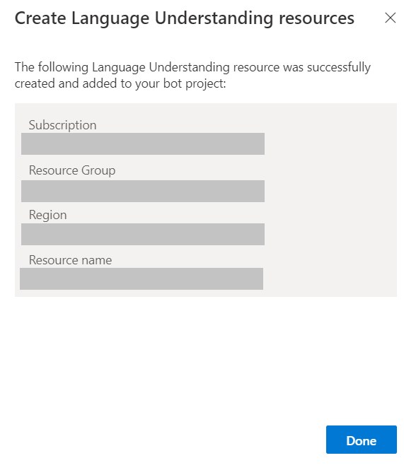 A message showing that your language understanding resources were successfully created and added to your project