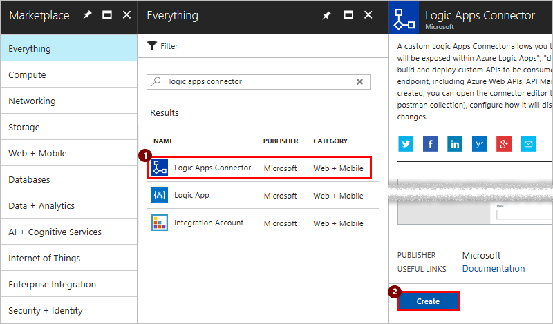 Captura de pantalla del conector Create Logic Apps.