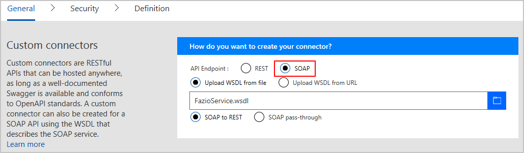 Captura de pantalla de proporcionar el archivo WSDL para su API