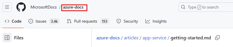 Captura de pantalla de dónde se encuentra el nombre del repositorio en un repositorio de GitHub.