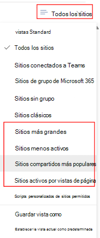 En el Centro de administración de SharePoint, seleccione sitios activos y, a continuación, use el filtro Todos los sitios.