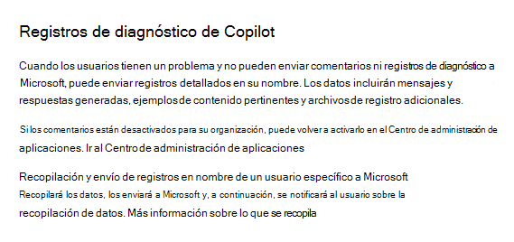 Captura de pantalla que permite a los administradores recopilar Microsoft 365 Copilot registros de diagnóstico en el Centro de administración de Microsoft 365.