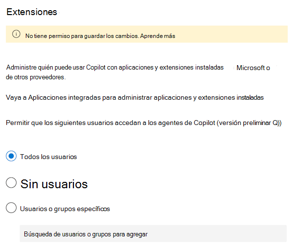 Captura de pantalla que permite o impide que los usuarios usen extensiones y agentes de Microsoft 365 Copilot en el Centro de administración de Microsoft 365.