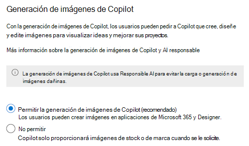 Captura de pantalla que permite a los administradores permitir o impedir que los usuarios finales creen imágenes mediante Microsoft 365 Copilot en el Centro de administración de Microsoft 365.