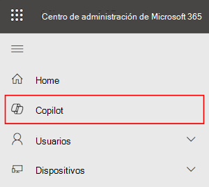 Captura de pantalla que muestra la página Copilot en el Centro de administración de Microsoft 365.