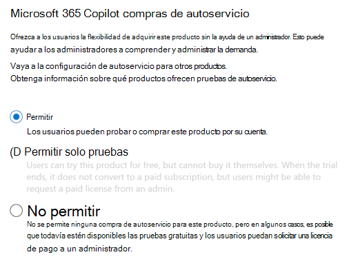 Captura de pantalla que permite a los usuarios comprar Microsoft 365 Copilot sin la aprobación del administrador en la página Copilot del Centro de administración de Microsoft 365.