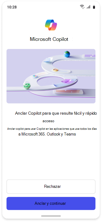 Captura de pantalla que muestra el mensaje que aparece en las interfaces móviles para que los usuarios anclen Copilot.