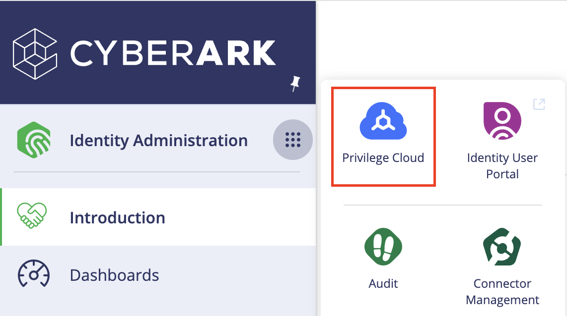 Captura de pantalla que muestra el menú CyberArk con Privilege Cloud seleccionado.