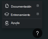 Captura de pantalla que muestra las opciones de menú del icono de ayuda, incluida la documentación y el soporte técnico.