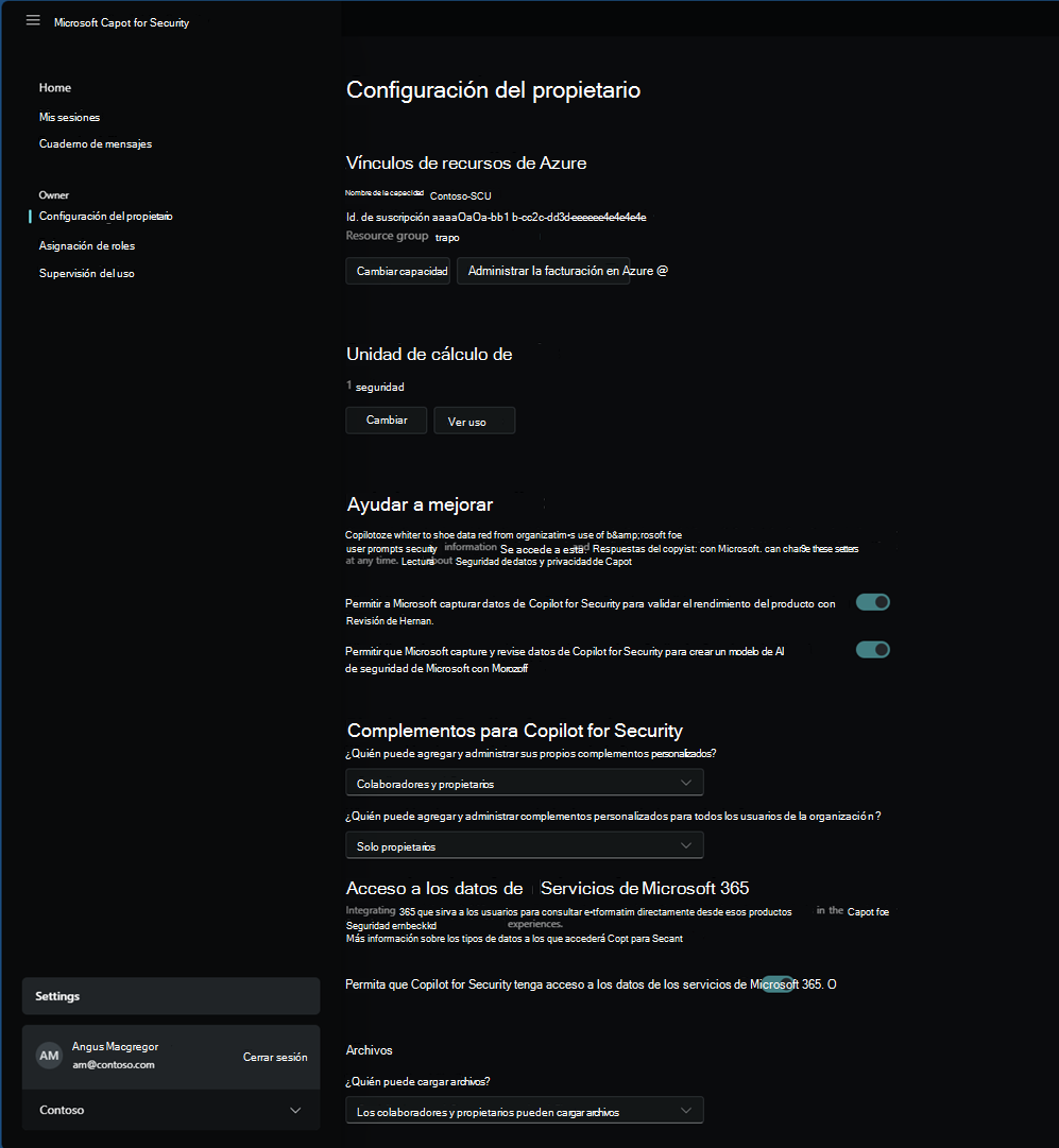 Captura de pantalla de las opciones de configuración en la configuración del propietario.