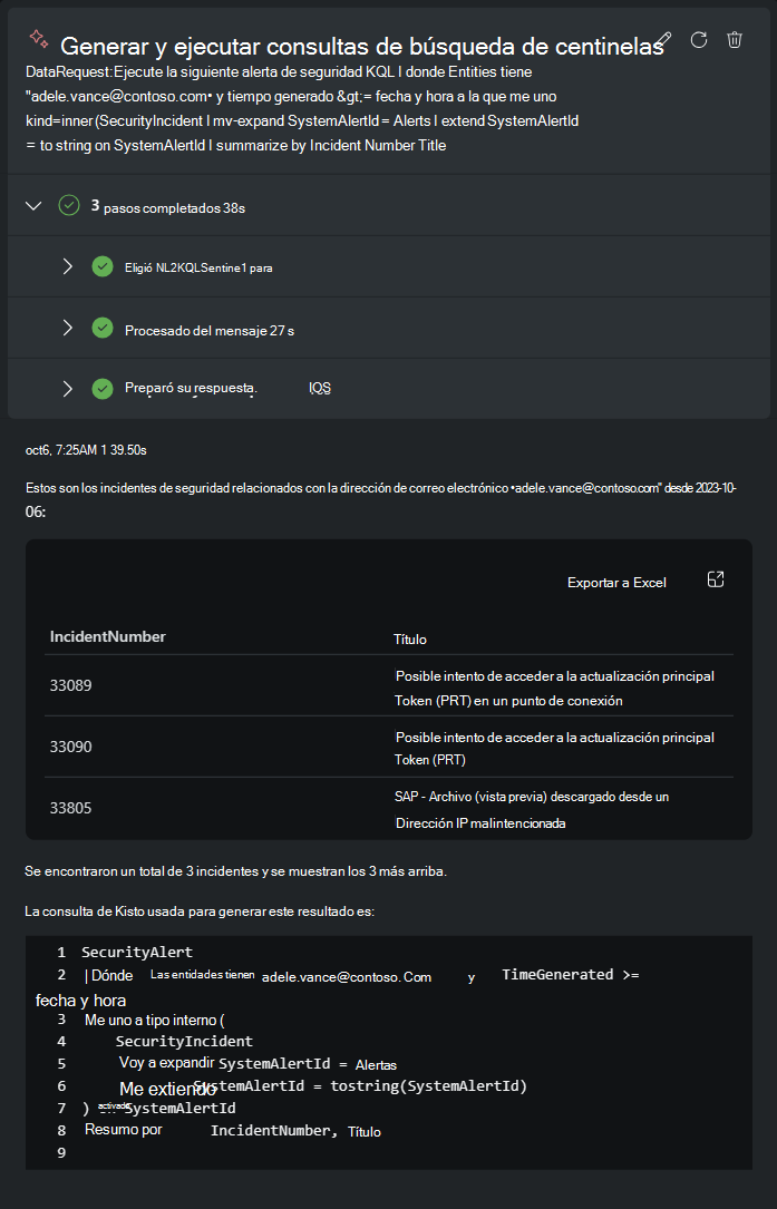 Captura de pantalla que muestra Microsoft Sentinel resultados de la consulta de búsqueda.