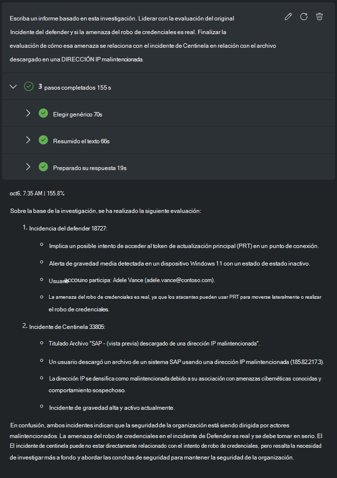 Captura de pantalla que muestra el informe de resumen de la investigación.