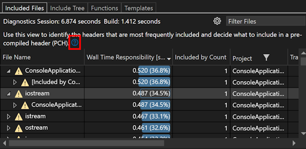 Captura de pantalla de la ventana Build Insights con el botón Ver explicaciones (un signo de interrogación en un círculo) resaltado.