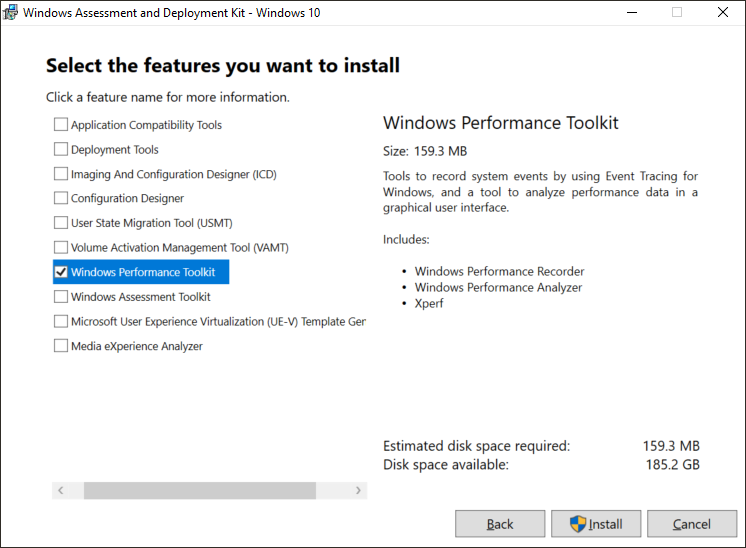 Pantalla de selección de características del instalador de Windows Performance Analyzer.