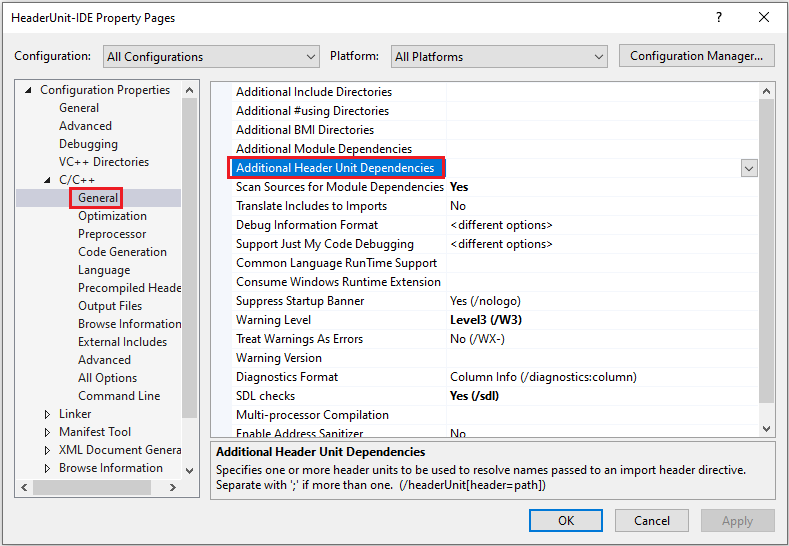 Captura de pantalla que muestra la configuración Dependencias de unidad de encabezado adicionales en el cuadro de diálogo Páginas de propiedades del proyecto.