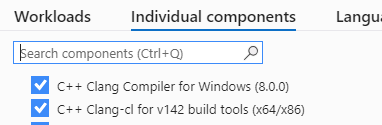 Captura de pantalla de la página Componentes individuales del Instalador de Visual Studio en la que se muestran los componentes de Clang disponibles para la instalación.