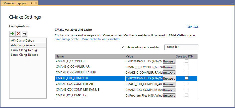 Captura de pantalla del cuadro de diálogo Configuración de CMake con la opción CMAKE_CXX_COMPILER resaltada.