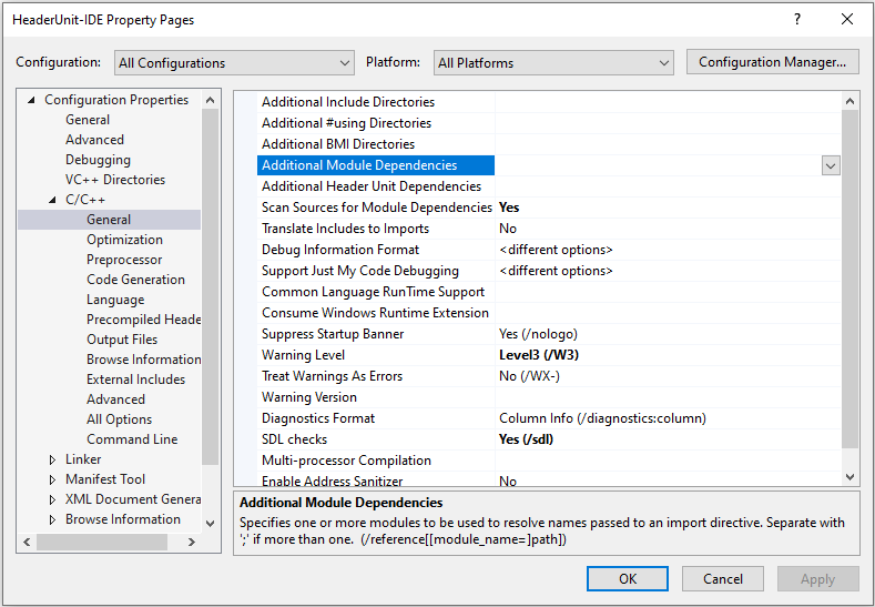 Captura de pantalla que muestra las propiedades de las páginas de propiedades del proyecto en Propiedades de configuración, C/C++, General, con dependencias de módulo adicionales seleccionadas.