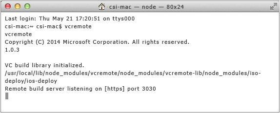 Ventana del terminal Mac que ejecuta vcremote.