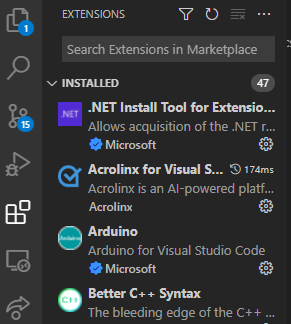 Panel Extensiones de Visual Studio Code