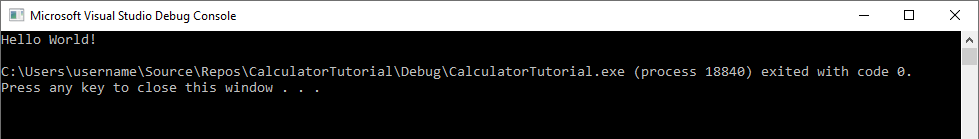 Captura de pantalla de la Consola de depuración de Visual Studio en la que se muestra la salida: Hola mundo.