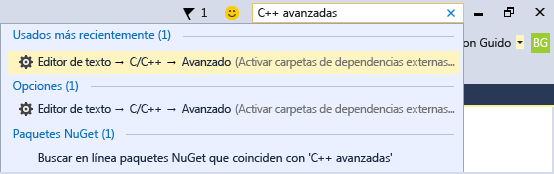 Captura de pantalla del cuadro de búsqueda Inicio rápido. Muestra la búsqueda de C++ avanzada, lo que da como resultado opciones para el editor de texto.