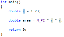 Captura de pantalla que muestra la variable r resaltada. La línea lee: double r = 1,23;.