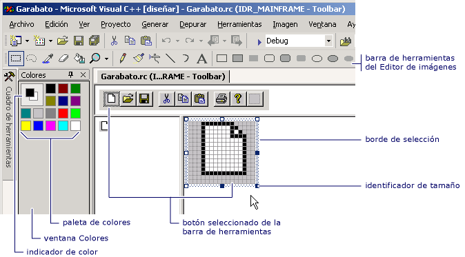 Screenshot of the Toolbar Editor with controls called out.