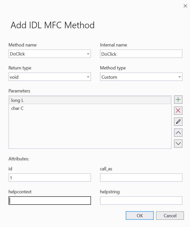 Interfaz de usuario del asistente. Nombre del método:DoClick, Nombre interno:DoClick, Tipo de valor devuelto:void, Tipo de método:custom, Parameters:long l, char C, Attributes id:1.