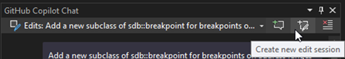 captura de pantalla de la ventana Chat de GitHub Copilot. El botón Crear nueva sesión de edición está resaltado.