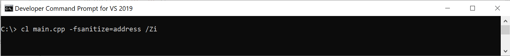 Captura de pantalla de un símbolo del sistema que muestra el comando que se va a compilar con las opciones addressSanitizer. El comando es: 'cl main.cpp -faanitize-address /Zi'.