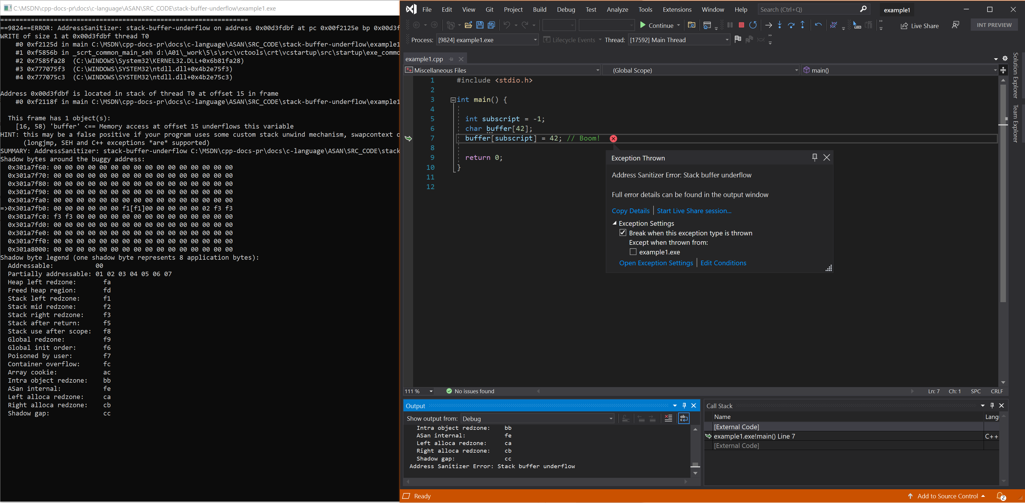 Captura de pantalla del depurador, donde se muestra el error stack-buffer-overflow en el ejemplo 1.