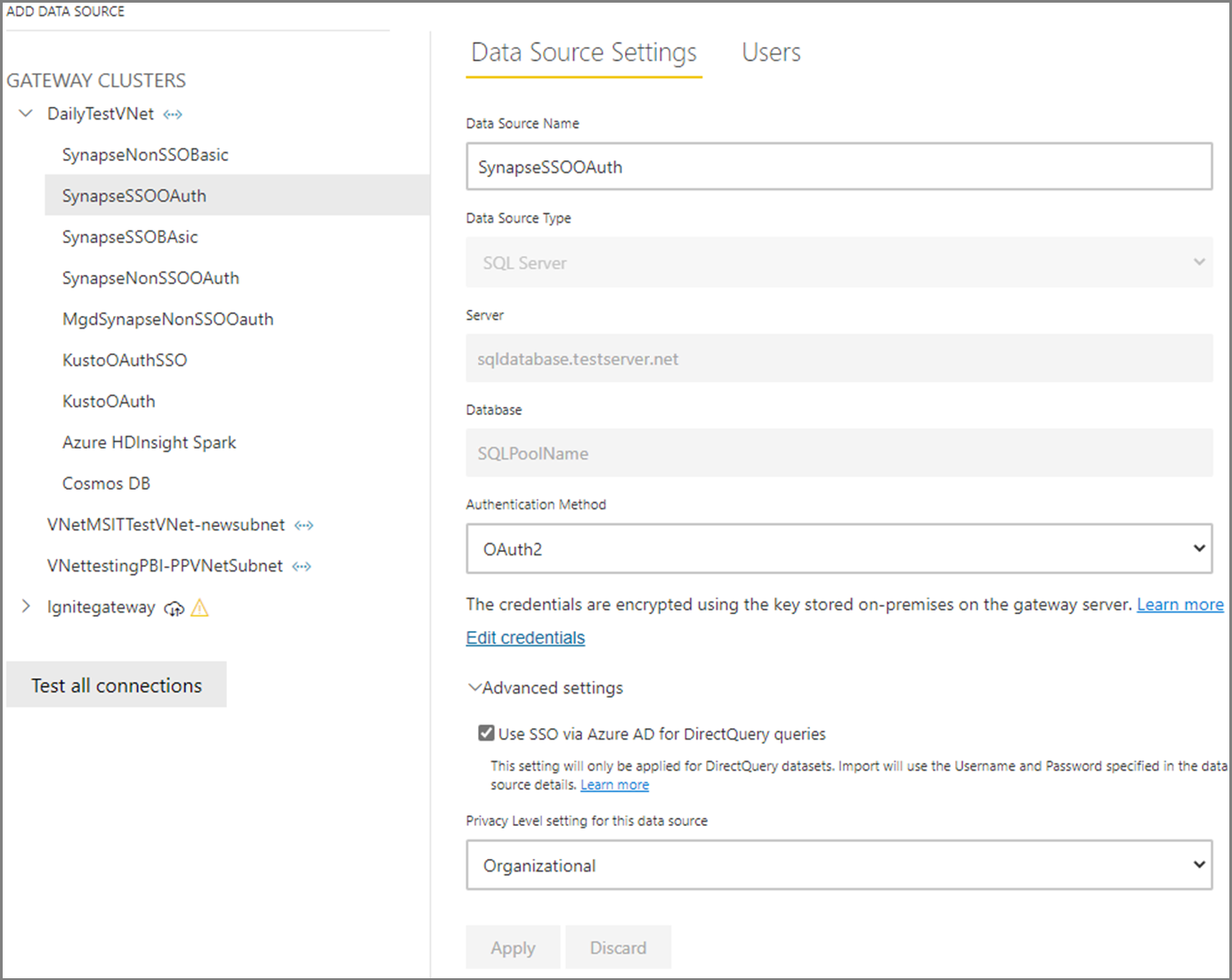 Captura de pantalla de la página Configuración del origen de datos con la configuración del origen de datos rellenada.